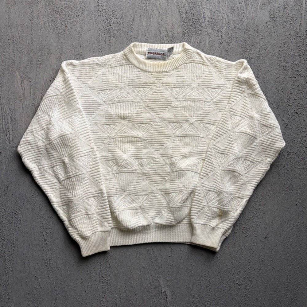 Vintage McGregor Sweater Large White 90s Geometric Textured Cotton Knit